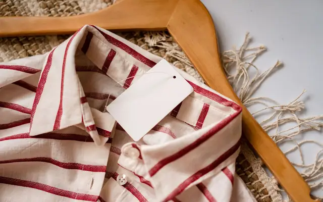 Striped woven shirt on a wooden hanger